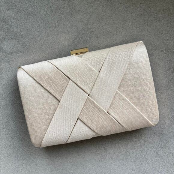 La Regale Handbags - Cream and Gold Satin Clutch with Gold Chain Clasp Closure Evening Clutch